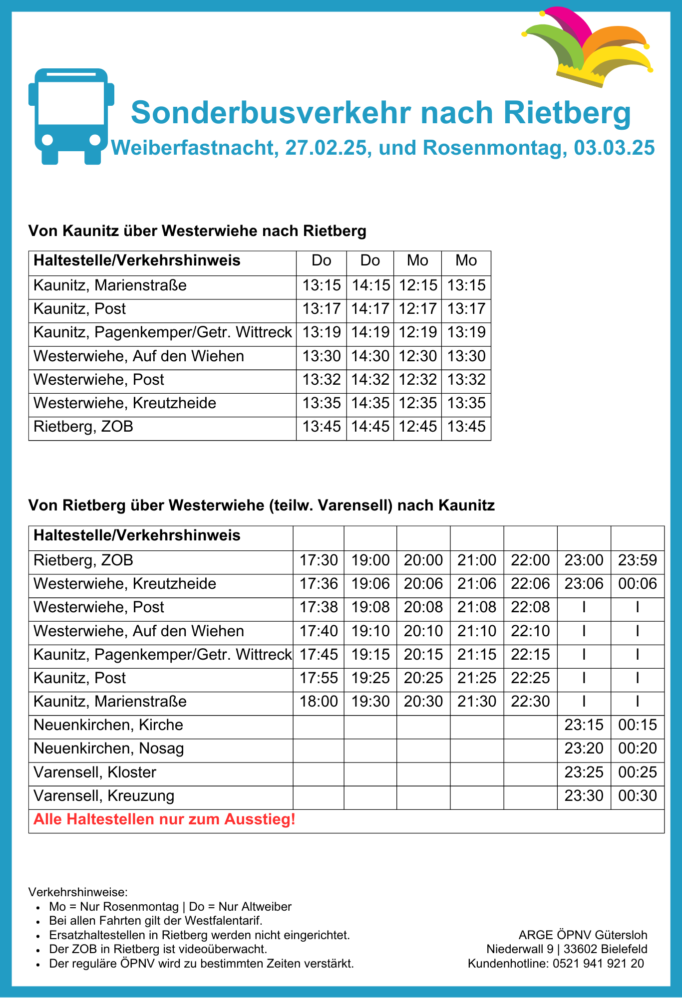 Sonderbusverkehr Karneval 2025 Kaunitz-Rietberg