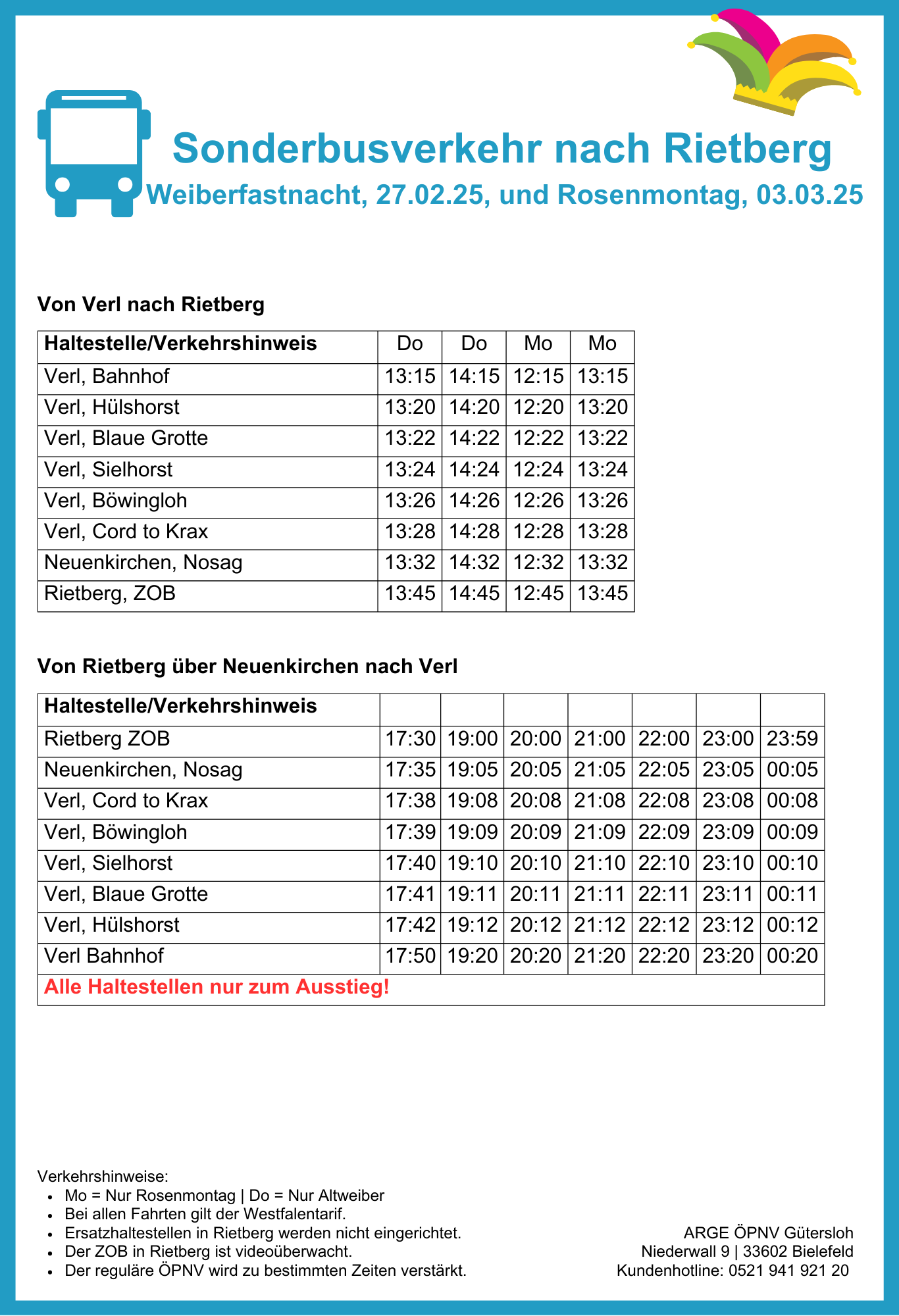 Sonderbusverkehr Karneval 2025 Verl-Rietberg